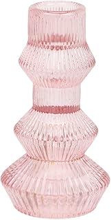 Table parlante, bougeoir en verre rose nervuré à 3 niveaux pour décoration