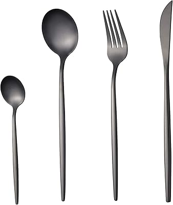 Ensemble de couverts de luxe noir mat 24 pièces, couverts essentiels en acier