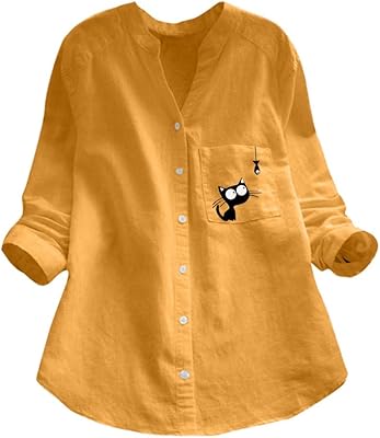 Chemise à manches longues en coton et lin pour femmes, chemisier décontracté imprimé
