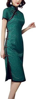 Robe qipao longue noire classique à manches courtes style chinois fente