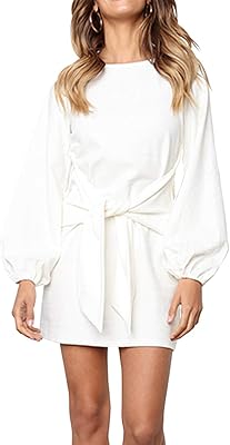 Robe courte élégante pour femme à manches longues, col rond fin et lien