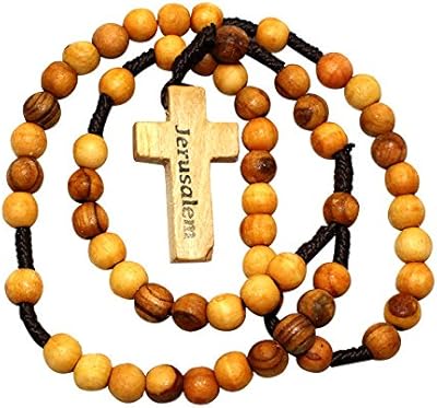 Chapelet rond en bois d'olivier de terre sainte, pendentif croix de jérusalem