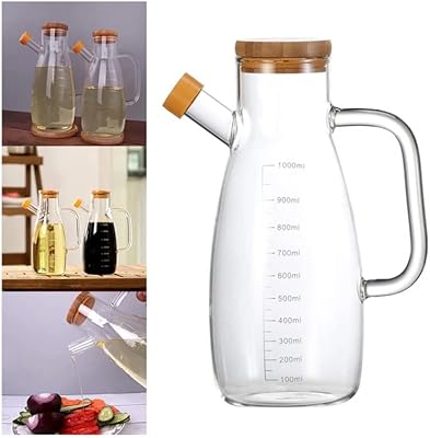 Bouteille distributrice d'huile et de vinaigre avec poignée et couvercle en bois, buse