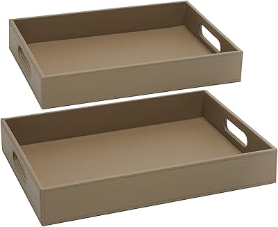 Ensemble de 2 plateaux de service en bois imbriqués avec simili cuir cousu
