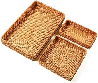 Ensemble de 3 plateaux de service rectangulaires en osier de rotin faits à