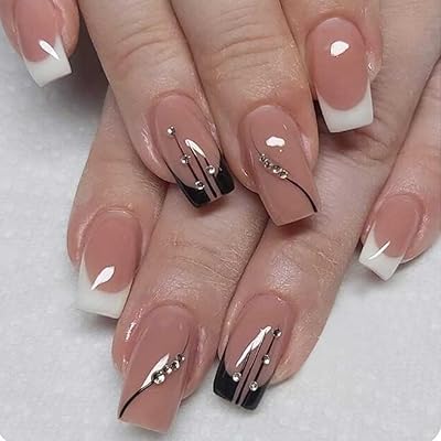 Recview ongles artificiels à pression française en acrylique, noirs et blancs, avec strass