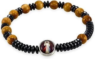 Bracelet chapelet réglable en bois avec médaille de la miséricorde divine, bois, bois