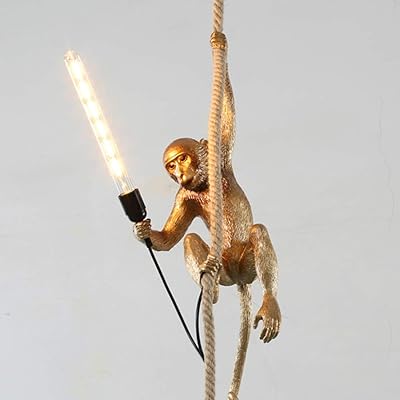 Lustre design singe, suspensions en résine e27, plafonnier en corde de chanvre