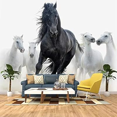 Papier peint design cheval noir et blanc pour décorer canapé, tv, salon, chambre