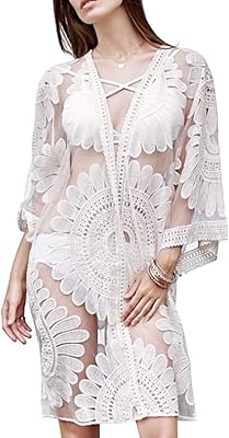 Cardigan kimono en dentelle pour femme, robe de plage longue ouverte sur le devant