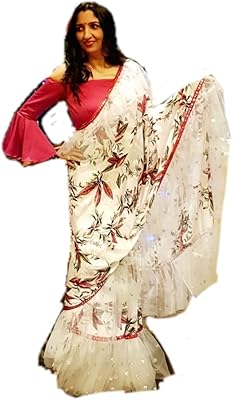 Sari à volants en soie et coton couronne, bas imprimé floral blanc personnalisé