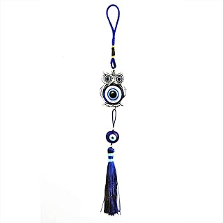 Décoration à suspendre bleu mauvais œil et hibou avec pompon signe de protection