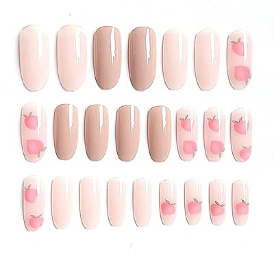 Alikdon faux ongles longs ovales à presser couleur chair brillant, longueur moyenne, motif