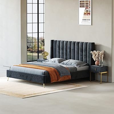 Cadre de lit rembourré en velours king size queen size avec base