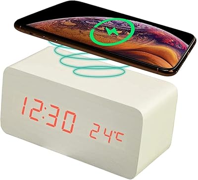 Réveil numérique en bois vd avec chargement sans fil, affichage led, luminosité réglable