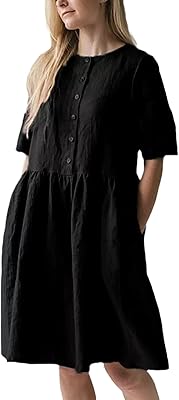 Robe décontractée simple en lin de couleur unie col rond et manches