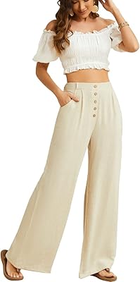 Pantalon palazzo large en coton et lin pour femme, pantalon long avec taille