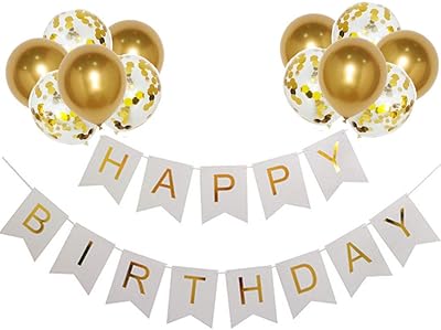 Bannière d'anniversaire joyeux anniversaire en or blanc + 12 ballons en latex