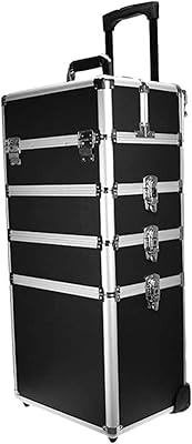 Grande trousse de maquillage professionnelle de voyage portable à roulettes, noire, 4 couches