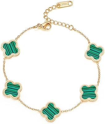 Bracelet porte-bonheur trèfle à quatre feuilles pour femmes et filles par loveshti, plaqué or 18 carats - couleur verte, acier inoxydable, sans pierres précieuses. Diaytar : Qualité professionnelle, prix grand public
