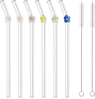 6 pailles en verre réutilisables avec 2 brosses de nettoyage, jolies pailles