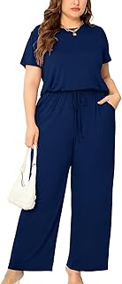 Combinaison d'été décontractée à manches courtes, jambes larges et poches pour femme, grande