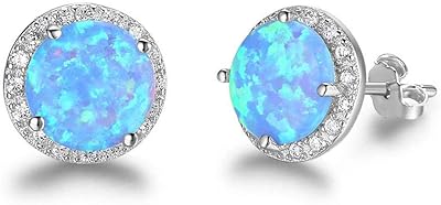 Boucles d'oreilles halo en argent sterling parsemées d'opales bleues synthétiques et de zircons