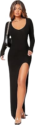 Robe longue moulante à manches longues, col en v, fente sur la cuisse