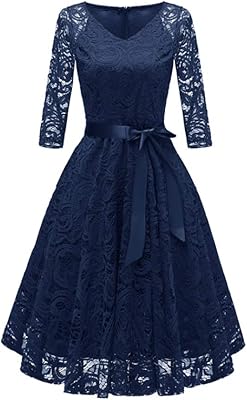 Robes de cocktail pour femmes - robe de soirée élégante en dentelle à col en v et motif floral, robe de demoiselle d'honneur avec manches 3/4. Le meilleur du e-commerce discount réuni sur Diaytar