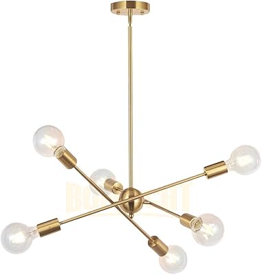 Lustre spoutnik moderne 6 lumières en laiton poli antique, plafonnier suspendu du milieu