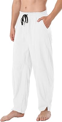 Pantalon décontracté en lin pour hommes, taille extensible avec cordon de serrage, pantalon