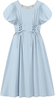 Hoptech robe aline de tempérament vintage pour femmes, robe d'été à manches bouffantes de couleur unie avec cravate à lacets taille haute. Commandez en toute confiance sur Diaytar, votre marketplace de confiance