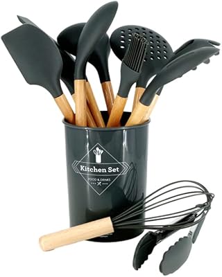 Ensemble d'ustensiles de cuisine en silicone de 12 pièces | ustensiles en bois