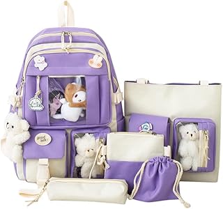 Ensemble de 5 sacs de livres d'école, combo en toile avec pendentif ours