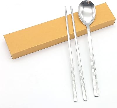 Ensemble de baguettes et cuillères traditionnelles coréennes en acier inoxydable (carrés d'argent)