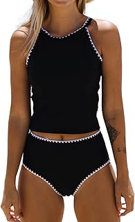 Ensemble de maillot de bain tankini à col rond et bordure blanche