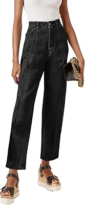 Jean cargo ample à jambe large genleck pour femme, taille haute avec poche