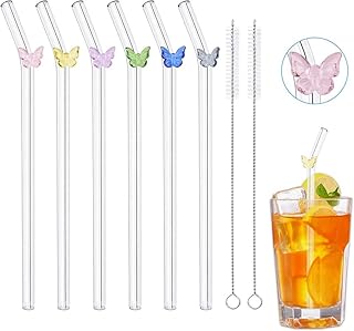Pailles en verre papillon réutilisables avec 2 brosses de nettoyage, pailles en verre