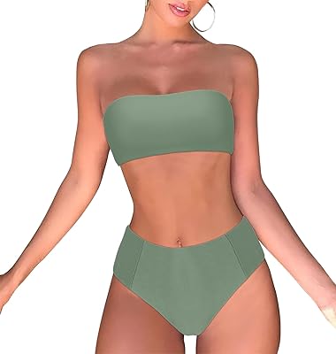 Maillot de bain bikini bandeau deux pièces taille haute à épaules dénudées