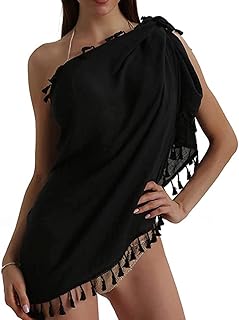 Maillot de bain semi-transparent paréo de plage pour femme, mini-jupe avec pompons (noir)