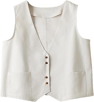 Gilet sans manches boutonné décontracté en coton et lin pour femme avec poches