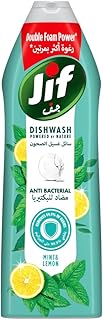 Liquide vaisselle antibactérien jif, 100% dégraissant et brillance parfaite, parfum menthe et citron