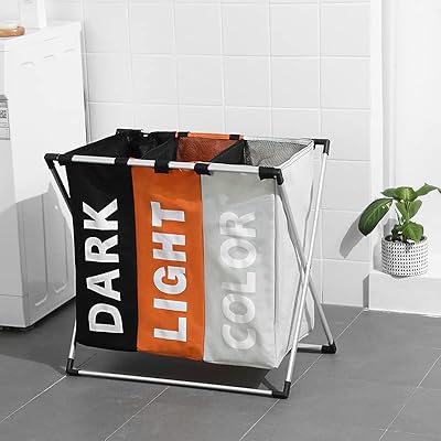 Panier à linge temycare 145l, panier de tri pliable en 3 sections, panier