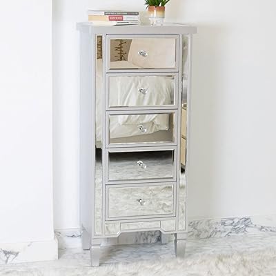 Commode vanity living, miroir argenté trévise 5 tiroirs, commode de chevet pour couloir