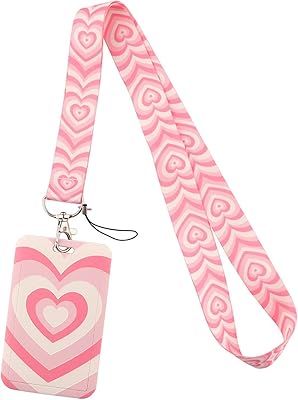 Lanière rose pour femme avec porte-badge d'identité, porte-clés pour clés, porte-carte vertical