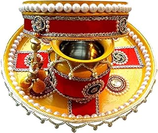 Ensemble karwa chauth thali unique en acier inoxydable jaune et rouge