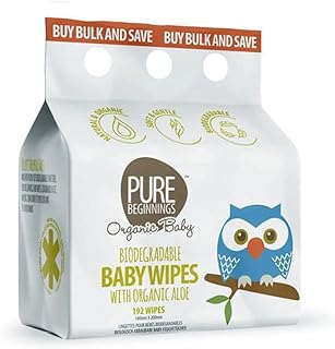 Lingettes humides biodégradables biologiques first beginnings à l'aloe vera 192 pièces, blanc