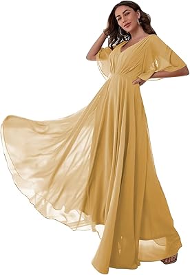 Robes de demoiselle d'honneur longues en mousseline, col en v, manches courtes, robes