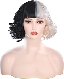 Perruque de cosplay aadesso cruella deville perruques ondulées courtes noires et blanches
