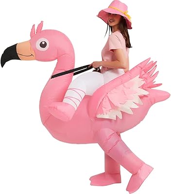 Costume de flamant gonflable à cheval sur un rose déguisement amusant d'halloween